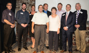 Sponsors of this year's Winners' Circle reception included, from left, Chris Sidnell; David Hooper and Wendy Partin, both representing Regions Bank; Ron Johnson, CBH Insurance Agency and Nacogdoches Film Festival; Scott Street, Nacogdoches Memorial Health; Gloria Settle; Kim Crisp with The Old Tobacco Warehouse; Ian Gibson, Nacogdoches Medical Center; and Dr. A.C. "Buddy" Himes, dean, College of Fine Arts. Other sponsors were Cal-Tex Lumber, Inc., First Bank & Trust East Texas and The Daily Sentinel.