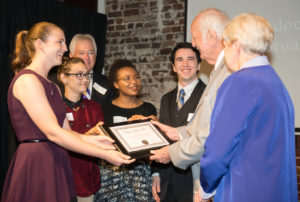 Current and former recipients of the Jack and Naioma Ledbetter Dean's Award in Music thank the couple for their generosity and contributions to their education by presenting the Ledbetters with an appreciation plaque at this year's Winners' Circle event. Pictured are, from left, Mikayla Stillwell, 2016 recipient; Emily Milius, 2013 recipient; Dr. A.C. "Buddy" Himes, dean, College of Fine Arts; Amanda Sheriff, 2015 recipient; Joshua Zinn, 2012 recipient; and Jack and Naioma Ledbetter.