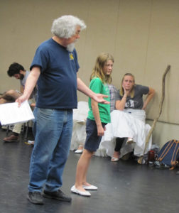 Dr. Richard Jones, professor of theatre at SFA, assists Mae Johnston, guest actor playing the role of Josie, with blocking for School of Theatre's production of "By the Bog of Cats" by Irish playwright Marina Carr while theatre student Kara Bruntz, in the lead role of Hester Swaine, looks on. The show is at 7:30 p.m. Tuesday through Saturday, Nov. 15 through 19, in W.M. Turner Auditorium on the SFA campus.