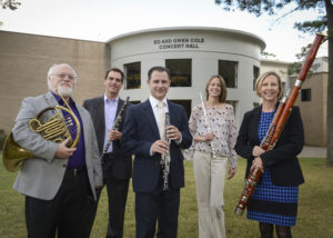 The Stone Fort Wind Quintet at Stephen F. Austin State University features faculty members, from left, Charles Gavin, French horn; Christopher Ayer, clarinet; Kerry Hughes, oboe; Christina Guenther, flute; and Lee Goodhew, bassoon.