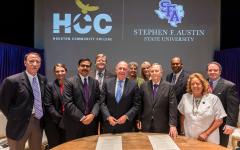  Stephen F. Austin State University and Houston Community College are partnering to offer a bachelor’s degree in interior design at the HCC central campus. Among the institutional leaders, faculty, staff and community members who attended a signing ceremony were, from left, Dr. Steve Bullard, SFA provost; Kirsteen James, SFA interior design student and HCC alumna; Dr. Muddassir Siddiqi, HCC Central president; Dr. Scott Coleman, SFA regent; Dr. Cesar Maldonado, Houston Community College Chancellor; Dr. Carolyn Evans-Shabazz, HCC trustee; Nelda Luce Blair, SFA regent; Dr. Baker Pattillo, SFA president; Alton Frailey, SFA regent; Eva Loredo, chair of HCC’s board of trustees; and Robert Glaser, HCC trustee.