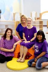 Several current teachers in Stephen F. Austin State University’s Early Childhood Lab began their careers with the lab as student teachers while in the elementary education program at SFA. Pictured, from left, are Dr. Lori Harkness, director; Karen Farris, pre-kindergarten I master teacher; Emily Tacquard, pre-kindergarten II master teacher; and Tammy Wall, infant teacher.