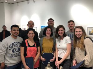 Some of the SFA Art Alliance 2018 Spring Show winners and faculty are, back row, from left, School of Art Director Christopher Talbot, Andrew Dupree, Jack Shanklin, front row, from left, Alex Sunsin, Madeline Castillo, Sarah Jentsch, Bailey Idom Coll and Delaney Hahn. 