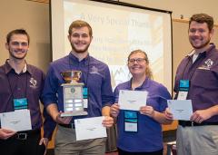 The Stephen F. Austin State University student chapter of the Society of American Foresters clinched the national title of Society of American Foresters Quiz Bowl Champions, defeating 32 collegiate teams from across the U.S. Pictured from left to right are SFA quiz bowl team members Reid Viegut, Christopher Longman, Rachel Murray and Justin Blakeley.