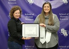 Jaycie Case, a senior human development and family studies major at Stephen F. Austin State University, was recently recognized by the National Council on Family Relations for her “exceptional accomplishments and involvement in scholarship, leadership and community service in family science,” according to the NCFR. A member of SFA’s Jacks Council on Family Relations, Case has helped with several community outreach projects. 