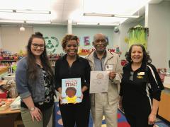 Stephen F. Austin State University elementary education students and volunteers kick off the third annual African-American Read-In at Brooks-Quinn-Jones Elementary School in Nacogdoches. Pictured, from left, are Carolyn Bugg, SFA senior; Michelle Bolton, Houston-area lawyer; Roy Boldon, mayor pro tem of Nacogdoches and member of Concerned Black Men; and Betty Sanders, BQJ librarian.