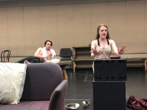  Frisco senior Aubrey Moore as Maggie and Waxahachie freshman Adam Lamb as Brick rehearse scenes from Tennessee Williams' "Cat on a Hot Tin Roof" to be presented by the SFA School of Theatre at 7:30 nightly April 30 through May 4 in Turner Auditorium on the university campus.