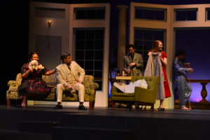 Among the cast members in the SFA School of Theatre's presentation of Tennessee Williams' "Cat on a Hot Tin Roof" are, from left, Tyler Junior Kiara Hawkins as Big Momma; Huffman sophomore Mike Warren as Big Daddy; Baytown junior Ryan Marshall as Reverend; Frisco senior Aubrey Moore as Maggie; and Waxahachie freshman Adam Lamb as Brick. The play is at 7:30 p.m. Tuesday through Saturday, April 30 through May 4, in Turner Auditorium in the Griffith Fine Arts Building.