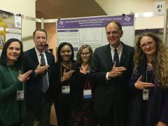Two Stephen F. Austin State University seniors, Abigail Cloudy and Jasmine Thompson, recently presented research during the Texas Undergraduate Research Day at the Capitol in Austin. Pictured from left, Dr. Sarah Savoy, associate professor of psychology and research mentor; Dr. Steve Bullard, SFA provost and vice president for academic affairs; Thompson; Cloudy; Dr. Steve Westbrook, interim SFA president; and Dr. Flora Farago, assistant professor of human development and family studies, and research mentor.