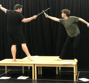 SFA theatre students, from left, Carson Cook, McKinney sophomore, as Captain Hook and Bayley Owen, Royse City junior, as Peter Pan rehearse a fight scene from "Tales of Neverland." The School of Theatre will tour the original play in August at the Edinburgh Festival Fringe in Edinburgh, Scotland.