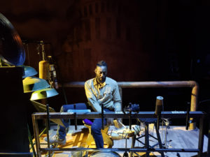 Musician Casey Muze Williams of Starr Avenue Co. assists in creating sound accompaniment for the SFA School of Theatre presentation of Shakespeare's "Titus Andronicus" live, on stage with "found objects" rather than traditional instruments.