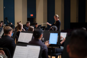 SFA Director of Bands Dr. Tamey Anglley conducts the Wind Ensemble, which will perform at 7:30 p.m. Tuesday, Oct. 12, in the Grand Ballroom of the Baker Pattillo Student Center on the SFA campus. Admission is free.