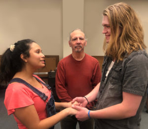  The SFA School of Theatre will present Thornton Wilder's "Our Town" at 7:30 nightly Tuesday through Saturday, Feb. 22 through 26, in Kennedy Auditorium on the SFA campus. Rehearsing a scene are, from left, Astrid Maldonado, Katy sophomore; Bill Small, Nacogdoches graduate student; and Drake Willis, Nacogdoches senior.