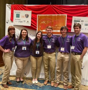  Undergraduate and graduate students from Stephen F. Austin State University's Arthur Temple College of Forestry and Agriculture represented the university at the 2022 Texas Chapter of The Wildlife Society conference held in Horseshoe Bay, with both undergraduate and graduate students receiving recognition. Pictured, from left to right, are SFA student chapter of The Wildlife Society members Veda Allen, Abby Buckner, Laken Mize, Jake Mayhan, Blake Carter and Jake Hill.