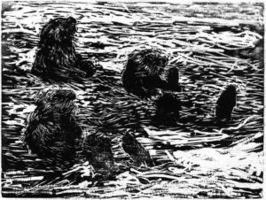 "Sea Otters,"  4 inch x 5 inch, a woodcut by Charles D. Jones, March 2023, is among the works in the exhibition "Alita's Curse" showing July 28 through Aug. 22 in The Cole Art Center @ The Old Opera House in downtown Nacogdoches. The exhibition is designed to share the new fine press book written by Beverly Wright Morris in collaboration with Jones.
