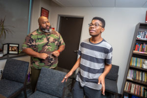 Cleo House Jr., director of the SFA School of Theatre and Dance, runs lines with Houston sophomore Erik Colbert Jr., who plays the role of Boy Willie in SFA's presentation of August Wilson's "The Piano Lesson" running Sept. 28 through Oct. 1 in the new Flex Theatre, Griffith Fine Arts Building, on the university campus.