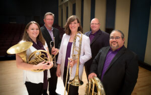  The Pineywoods Brass Quintet will perform the SFA premiere of "Dust" by composer Jennifer Jolley when the faculty ensemble performs in a concert with the SFA Wind Ensemble at 7:30 p.m. Tuesday, April 16, in W.M. Turner Auditorium. Quintet members are, from left, Dr. Andrea Denis, horn; Dr. Gary Wurtz, trumpet; Dr. Deb Scott, trombone; Dr. Jake Walburn, trumpet; and Dr. J.D. Salas, euphonium.