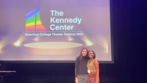 SFA theatre students Mariano Aguirre, senior theatre major from Little Elm, and Kiya Green, senior theatre major from Waxahachie, earned top honors at the National Kennedy Center American College Theatre Festival recently in Washington, D.C., in winning the Irene Ryan Acting Competition.